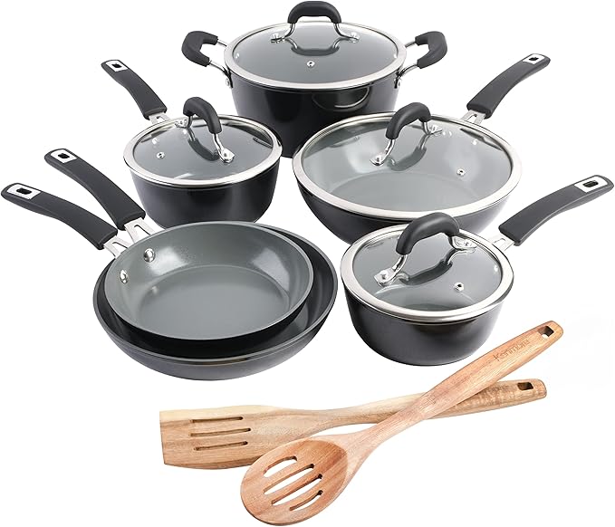 Kenmore Arlington Healthy Nonstick Ceramic Coated Forged Aluminum Induction Cookware 12-Piece Black Exterior/Grey Interior