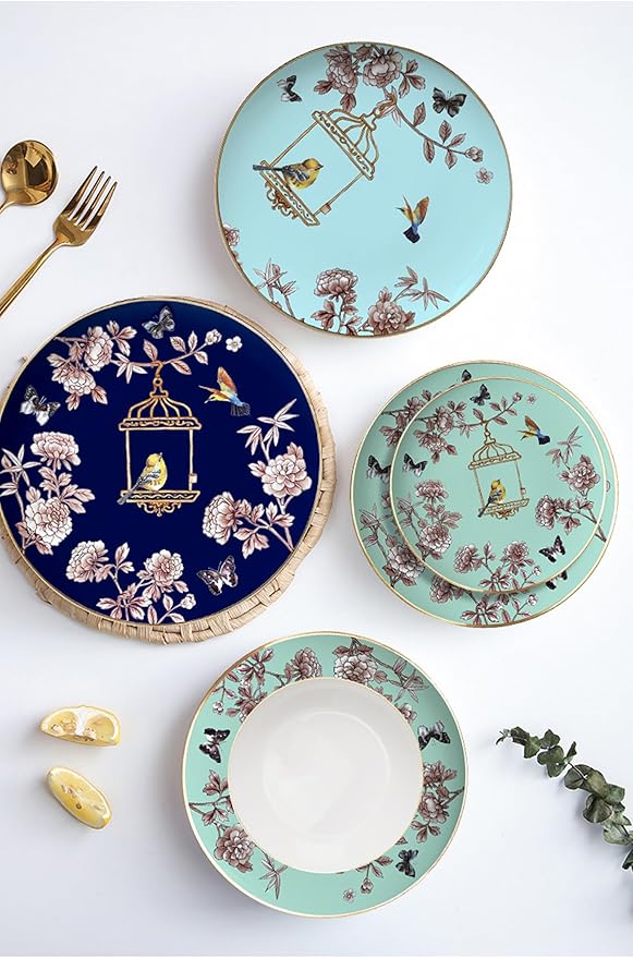Hand drawn Bone China Dinnerware Sets Service for 6Delicate Steak Dinner Plates Dish Set Includes 16 inch 10.5 inch 16 inch 6.5 inch plate