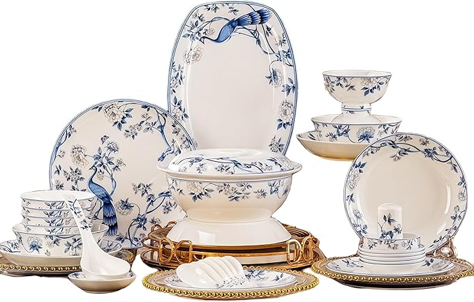 Fine Bone China Dinnerware SetPorcelain&ampCeramic Dinnerware SetsBone Stoneware &ampCeramic Cookware Tableware Set Includes Dinner Plates|Spoons|Pasta Bowls|Soup Pot|Chopsticks (42 PCS)
