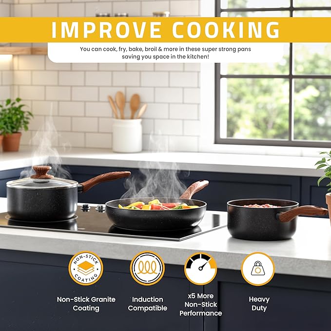 KICHLY Granite Kitchen Cookware Set 8 Piece Nonstick Pots &amp Pans Set Induction Frying Pans Saucepan with Lids Induction Compatible Cookware PFOA-Free Non-Stick Cooking Set Black