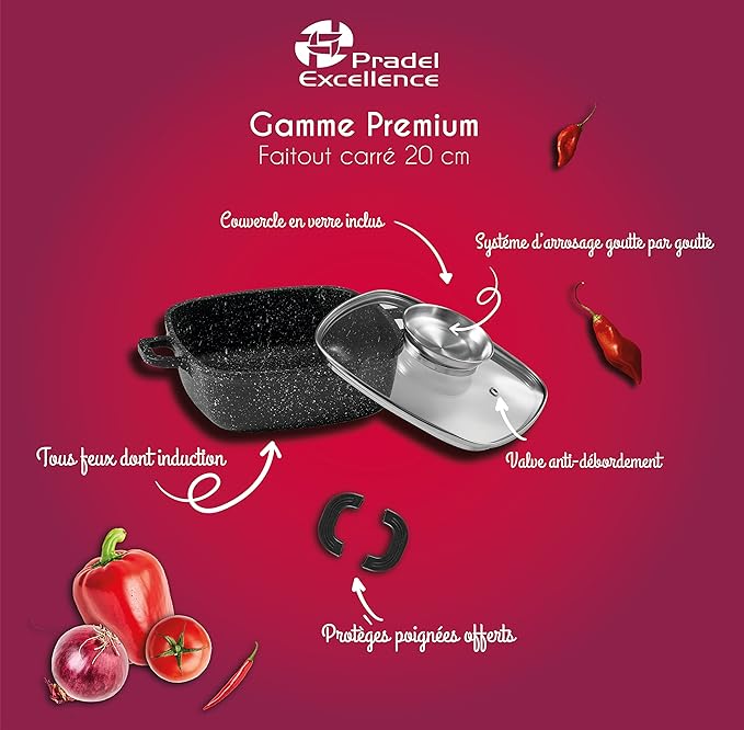 Pradel Excellence - 20 x 20 cm Premium Dutch Oven - 2L - Cast Aluminium - Stone-like non-stick coating - Glass lid with stainless steel cap - Silicone handles - Suitable for all heat sources including