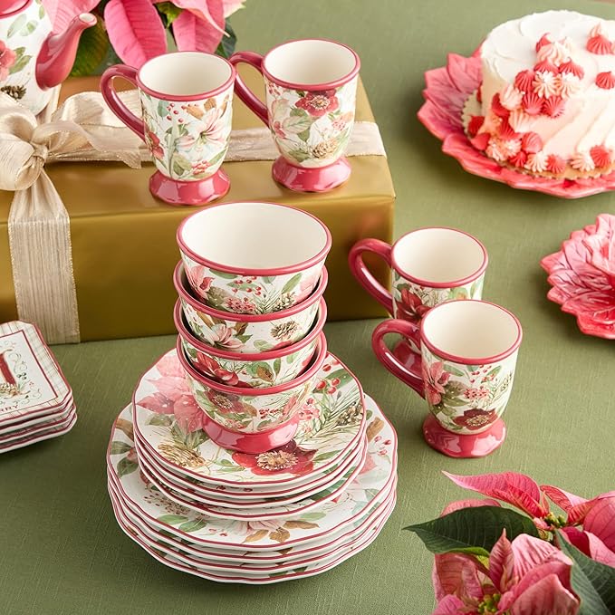 Winter Blooms 16-Piece Romantic Holiday Dinnerware Set – Elegant Floral Plates Mugs &amp Bowls for 4 – Dishwasher &amp Microwave Safe Christmas Tableware with Poinsettia Charm
