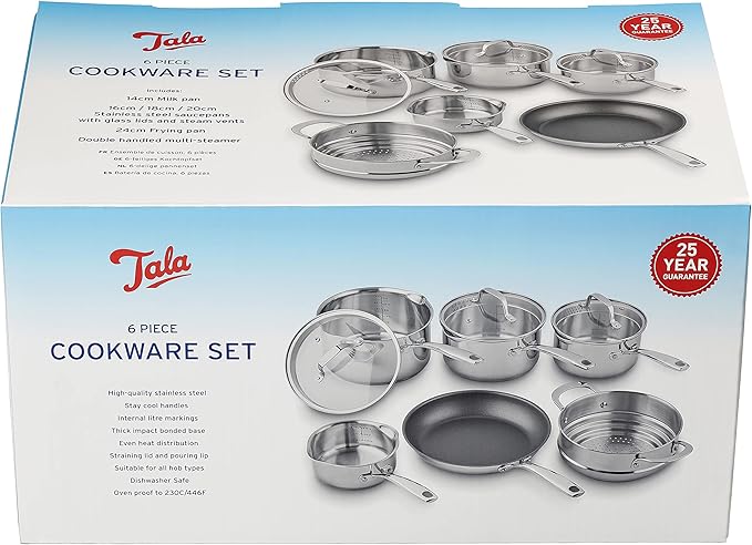 Tala 6 Piece Stainless Steel Cookware Set - Non-Stick Frying Pan 4 Multifunctional Cooking Pots with Tempered Glass Lids &amp Steamer - Dishwasher Safe Scratch Resistant - Suitable for All Stoves