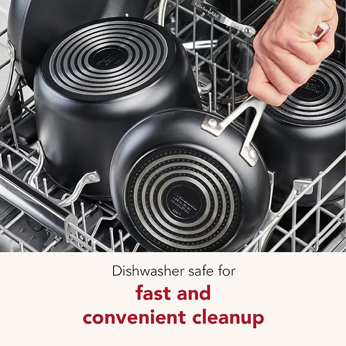 KitchenAid Hard Anodized Induction Nonstick Cookware Saute Pan/Jumbo Cooker with Lid and Helper Handle Dishwasher Safe 5 Quart Non Stick Sauteuse with Stainless Steel Handles - Matte Black