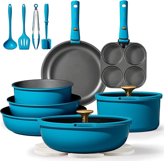 CAROTE 21pcs Pots and Pans Set Nonstick Cookware Set Detachable Handle Induction Kitchen Cookware Sets Non Stick with Removable Handle RV Cookware Set Peacock Blue