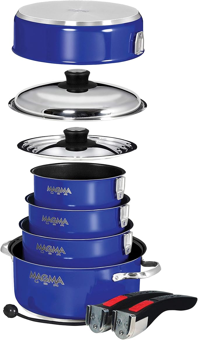 Magma 10 Piece Gourmet Nesting Stainless Steel Cookware Set with Ceramica Non-Stick Induction Compatible Oven Safe to 500°F - Suitable for All Stovetops Removable Handles Cobalt Blue
