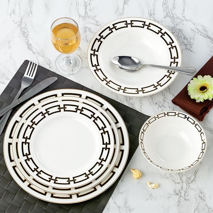 Joseph Sedgh Collection “Abbey” 20-Piece Bone China Dinnerware Set Service for 4 Black and Gold Chain