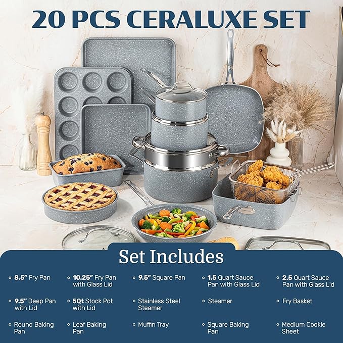 Granitestone Ceraluxe 20 Pc Ceramic Cookware Set Nonstick Complete Pots and Pans Set Non Stick with 5 Pc Bakeware Set Deep Frying Pan Set &amp Steamer Non Toxic PFOA Free Oven &amp Dishwasher S