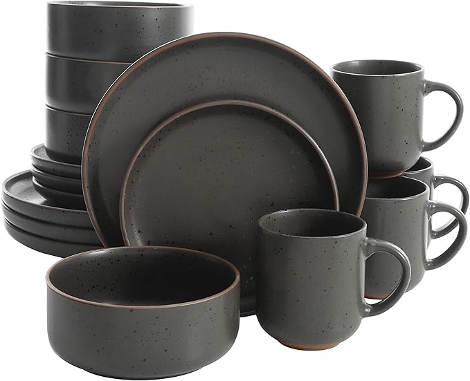 Gibson Tosca Terra Cotta Reactive Dinnerware Set 16 Piece Black Sand