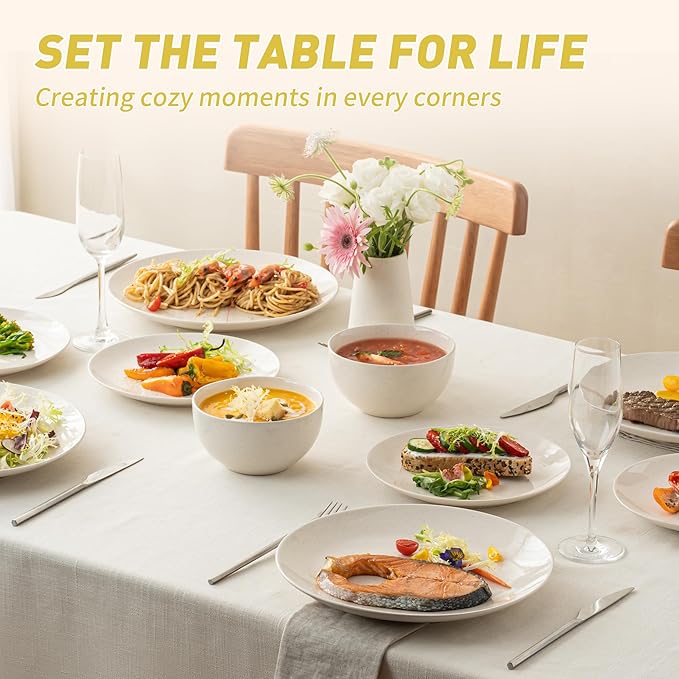 Plates and Bowls Sets 12 Pieces Modern Stoneware Dinnerware Set for 4 Kitchen Dinner Set Ceramic Dishware Dishes Set Microwave and Dishwasher Safe (White)
