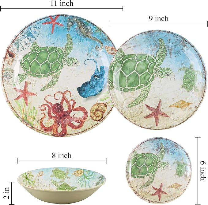 UPware 16 Piece Sea Turtle Melamine Dinnerware Sets Outdoor Dishes Set Plates and Bowls Sets Service for 4 Multicolor