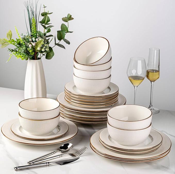 GBHOME Ceramic Dinnerware Sets 24 pcs Embossed Elegant Stoneware Plates and Bowls Sets Housewarming Wedding Gift | Dishwasher &amp Microwave Safe | Dishes Set Service for 8