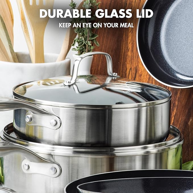 GreenPan TriClad Tri-Ply Stainless Steel Healthy Ceramic Nonstick 10 Piece Cookware Pots and Pans Set Frypan Saucepan Saute Pan CasseroleLids Induction Suitable PFAS-Free Dishwasher and Oven Safe