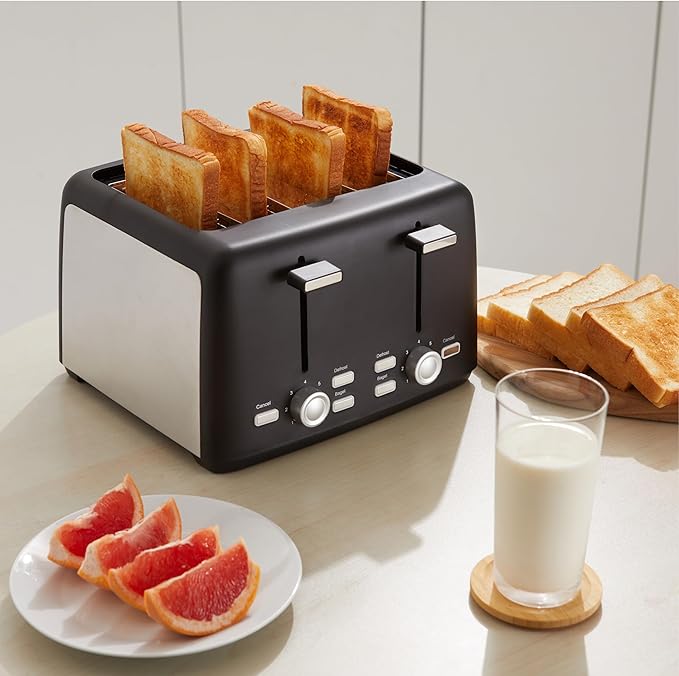 Amazon Basics 4 Slice Toaster 7 Browning Settings Extra Wide Slots for Bagels and Specialty Breads Removable Crumb Tray Cancel/Defrost/Bagel Buttons 1500W Black &amp Silver