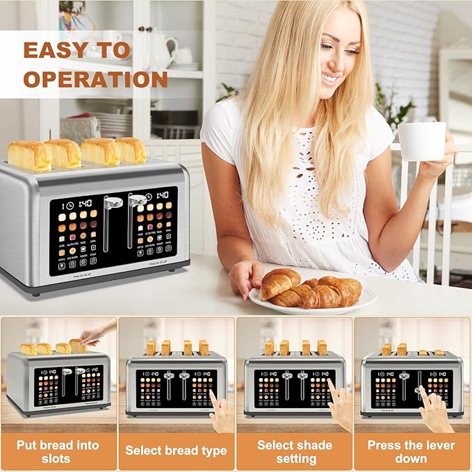 4 Slice Toaster Touch Screen Stainless Steel Toasters Digital Timer Dual Control Panel Toasters 8 Shade Settings 6 Bread Types for Bagel Cancel Defrost 1650W
