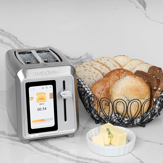 Kalorik Toaster VIVID TOUCH Series 2-Slice with Large High-Resolution Touchscreen and Customizable Cooking Presets by Bread Type Features Wide Slots and High Lift Lever 1000-Watts Stainless Steel