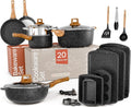 Bakken Master 20 Piece Cookware Set - Pots and Pans with Handle Grips and Tempered Glass Lids With 6-piece Bakeware Set Nonstick Granite Coating Ceramic Max Temperature (Up To 500°F) Marble Color