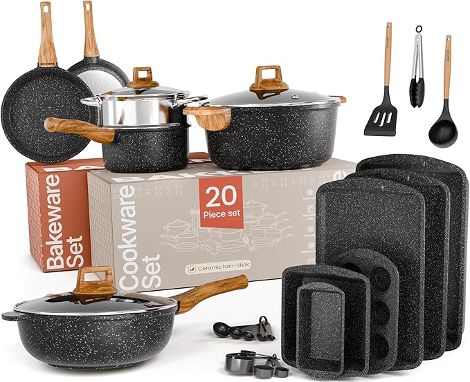 Bakken Master 20 Piece Cookware Set - Pots and Pans with Handle Grips and Tempered Glass Lids With 6-piece Bakeware Set Nonstick Granite Coating Ceramic Max Temperature (Up To 500°F) Marble Color