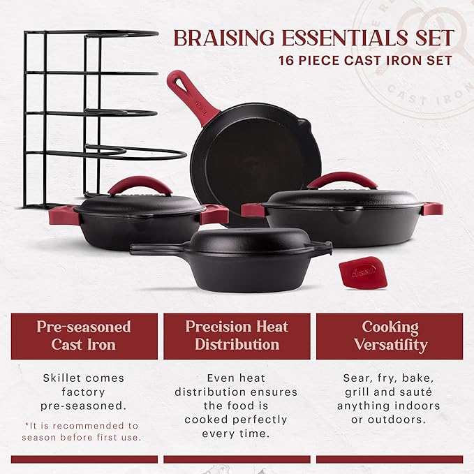 Cuisinel Cast Iron 16-Piece Pre-Seasoned Cookware Set - 8 + 12 Braiser Pans + Cast Iron Lids + 10 Skillet + 2-in-1 Multi-Cooker + 12 Organizer + Scraper + Silicone Handle Covers - Fire Oven Safe