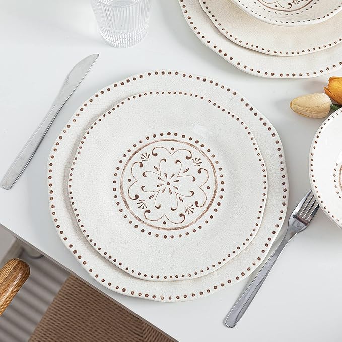 LEHAHA Beaded Crackle 12 Piece Melamine Camping Dinnerware Set Plates and Bowls Sets Indoor and Outdoor Use Break-Resistant Rustic RV Dishes Set Service for 4(Ivory)…