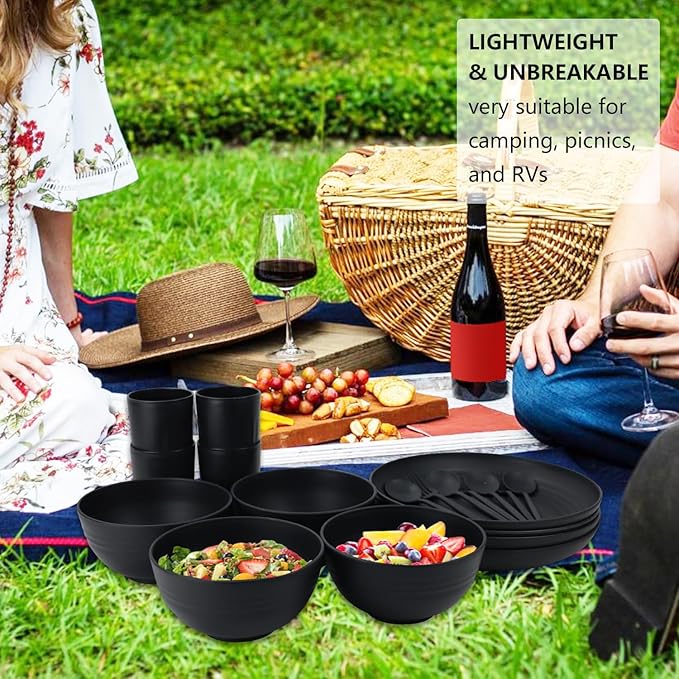 28-Piece Wheat Straw Dinnerware Sets Microwave &amp Dishwasher Safe Unbreakable Dinnerware Set Reusable Dishware Sets Lightweight Camping Dishes Plates Cups Cereal Bowls for 4（Black）