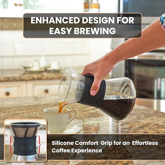 CAFE BREW COLLECTION Pour Over Coffee Maker with Permanent Filter 1.2 Liter 40 Ounce Black Band