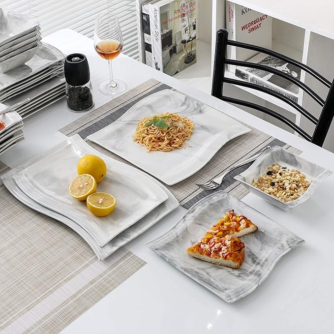 MALACASA 30 Piece Marble Grey Square Dinnerware Sets Bundle With 26 Piece Plates and Bowls Sets Series FLORA