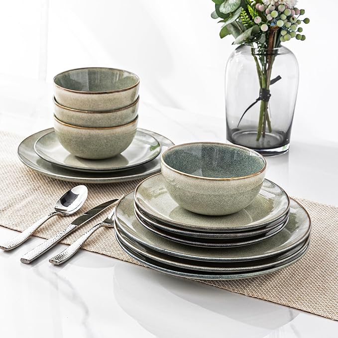 AmorArc Ceramic Dinnerware Sets for 4 12 Pieces Handpainted Plates and Bowls Set with Reactive Glaze Scratch Resistant Stoneware Dishes Set Dishwasher &amp Microwave Safe (16pc)