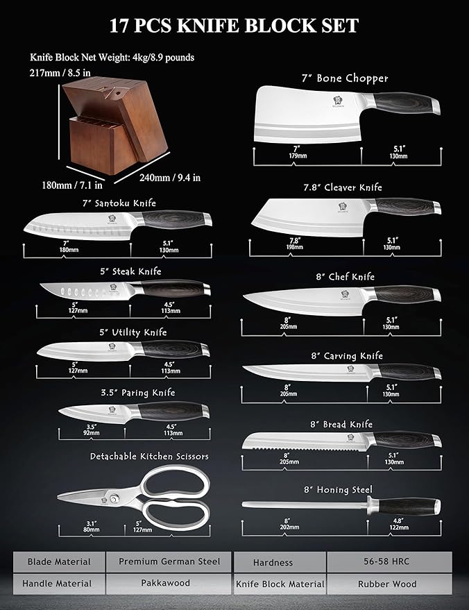 WILDMOK Kichen Knife Block Set 17-piece Knife Set with Wooden Block German Steel Kitchen Knives Sets with Bone Chopper Gift Box