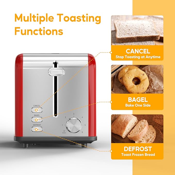 HealSmart 2-Slice Stainless Steel Toaster 6 Browning Setting and 3 Function Toaster Extra Wide Slot &amp Removable Crumb Tray for Bread &amp Waffle Red