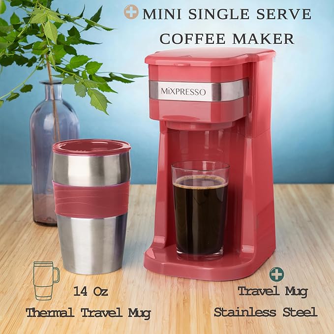 Mixpresso Red Personal Single Serve Coffee Maker with 14oz Travel Mug Drip Small Coffee Maker with Auto Shut Off Reusable Filter Works with Ground Coffee Only – Not for K-Cup Pods