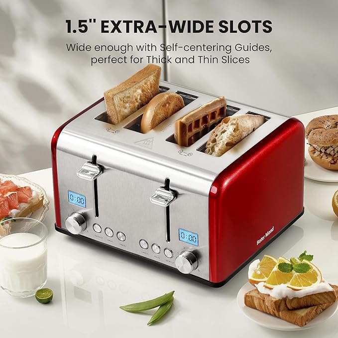 Roter Mond Countdown Stainless Steel 4 Slice Toaster with Bagel Defrost Cancel Function Dual Toaster Extra Wide Slots 6 Shade Settings Removable Crumb Trays 1650W Red