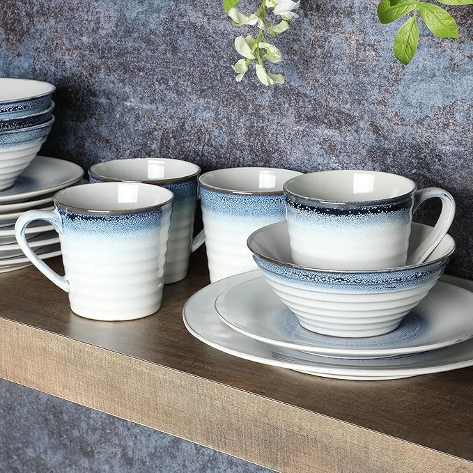 Spiral Embossed 16 Piece Stoneware Dinnerware Set – Rustic Reactive Glaze Plates Bowls &amp Mugs Microwave &amp Dishwasher Safe (Blue)