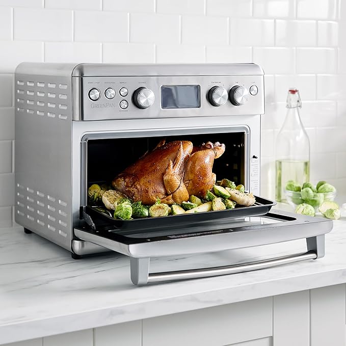 GreenPan 13-in-1 Elite Countertop Convection Oven and Air Fryer PFOA and PFAS-Free Ceramic Tray and Pizza Pan Adjustable Racks Multifunction Presets Toaster Bake Broil Roast Stainless Steel