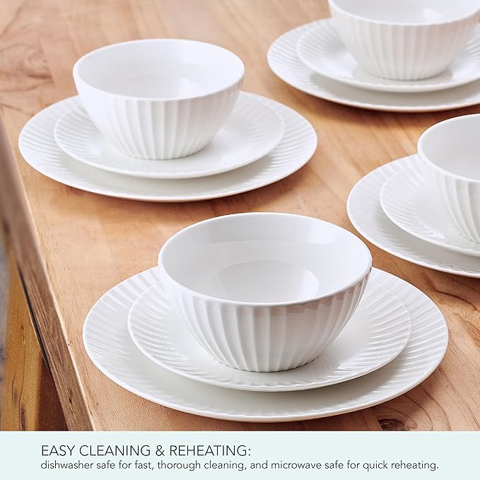 Pfaltzgraff Fluted Grace 24 Piece Porcelain Plate and Bowl Dinnerware Set Service for 8 Fluted Design Durable for Everyday Use White