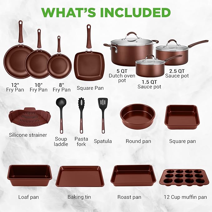 NutriChef Nonstick Cookware Set 20-Piece Premium Kitchen Cookware Set with Pots Pans Bakeware &amp Utensils Non Stick Pots and Pans Compatible with Gas Electric Ceramic &amp Induction Cooktops