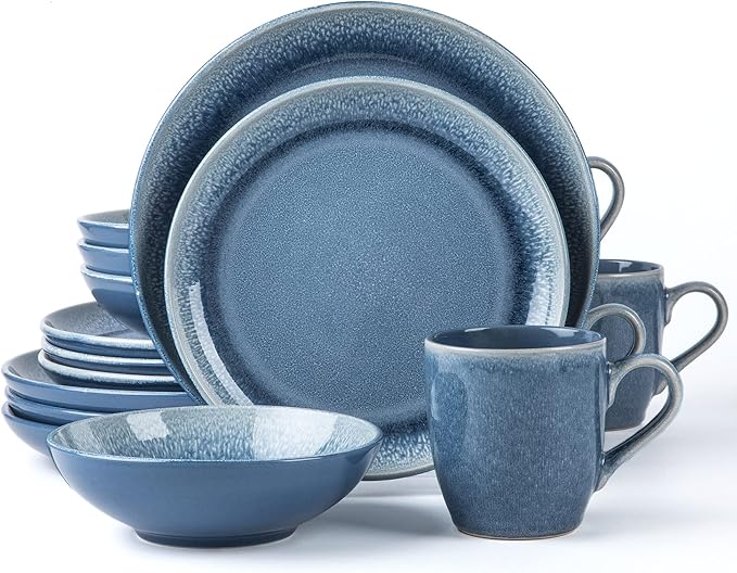 FAIT Round Stoneware 16pc Dinnerware Set for 4 Dinner Plates Side Plates Cereal Bowls Mugs - Reactive Glaze Blue (463014)