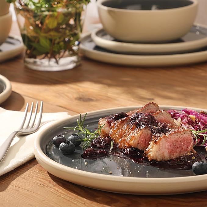 Gibson Elite - Made in Portugal - Port Gaia 12 Piece (Service for 4) Plates and Bowls Reactive Glaze Dishes Stoneware Ceramic Dinnerware Set - Blue