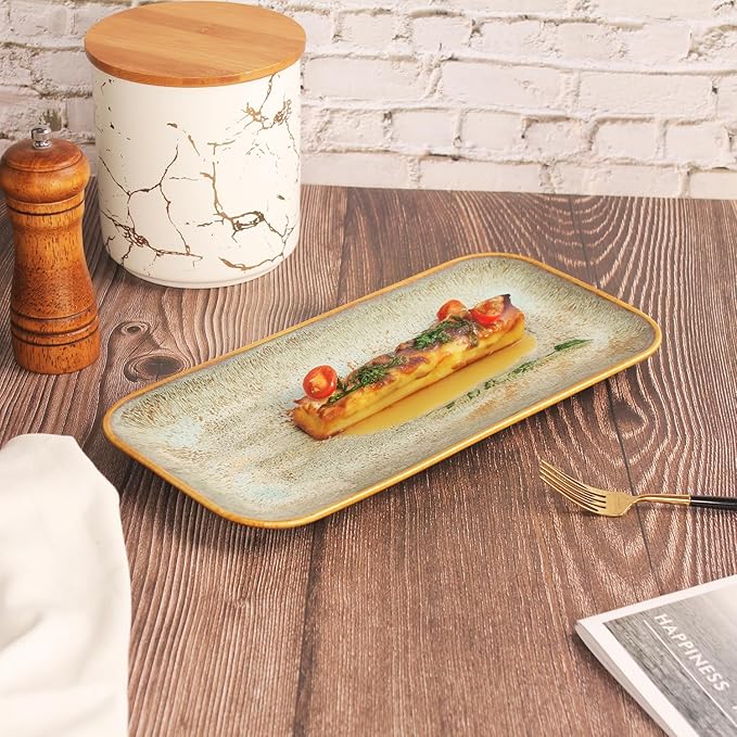 Ceramic Dinner Plates Dish Set Set of 4 Microwave Oven and Dishwasher SafeScratch Resistant Dinnerware Kitchen Porcelain Serving Dishes Brown glaze change 12.4 Inch Rectangle plate