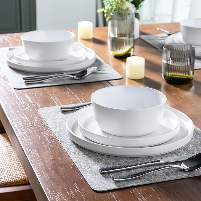 AmorArc Ceramic Dinnerware Sets for 6 Modern Flat Stoneware Plates and Bowls SetsChip and Crack Resistant | Dishwasher &amp Microwave Safe Dishes SetScratch Resistant- Service for 6 (18pc)-Matte W