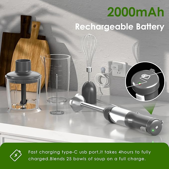Cordless Immersion Hand Blender 5-in-1 Variable Speed blender handheldRechargeable with 2000mAh Battery BPA-Free &amp Dishwasher-Safe Accessories:700ml BeakerChopperWhisk &amp Milk FrotherGrey