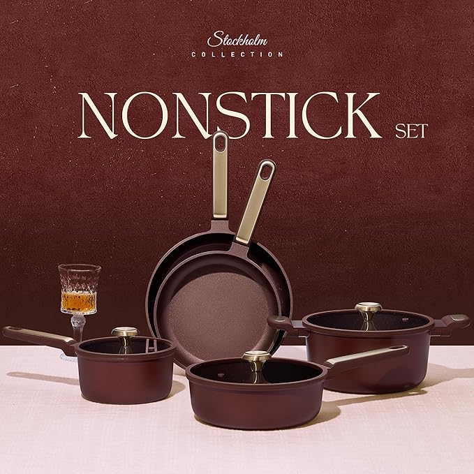 CAROTE Pots and Pans Set Nonstick 16pcs Cookware Set Nonstick Non-Toxic &amp PFOA&ampPFOS-Free Dishwasher RV/Camping Cookware Set Cooking Pots with LidsWine Red