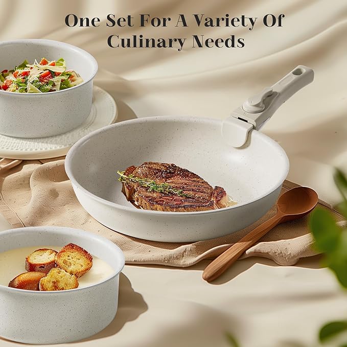Sweetcrispy 12 pcs Pots and Pans Set Nonstick Kitchen Induction Cookware Suit with Detachable Handle Dishwasher Oven Safe Milky White