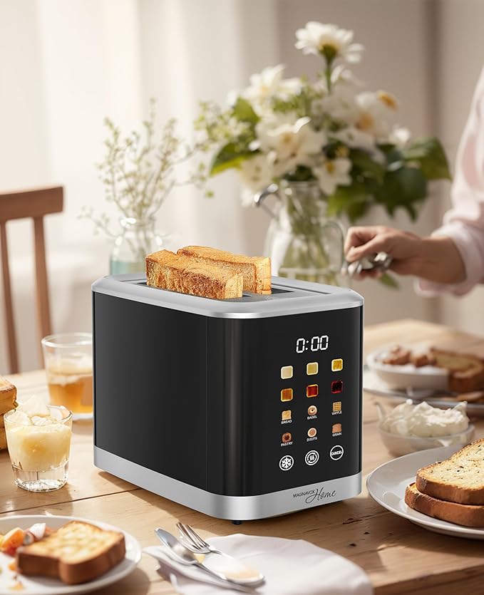 MAGNAVOX HOME 2 Slice Smart Toaster Touchscreen Wide Slot for Bread English Muffins Croissants and Bagels 5 Adjustable Toast Settings Cancel and Defrost 6 Bread Types &amp Shade Settings