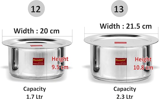 Sumeet 2 Pcs Stainless Steel Induction Bottom (Encapsulated Bottom) Induction &amp Gas Stove Friendly Container Set/Tope/Cookware Set With Lids Size No.12 &amp No.13 (1.7 Ltr &amp 2.3 Ltr)