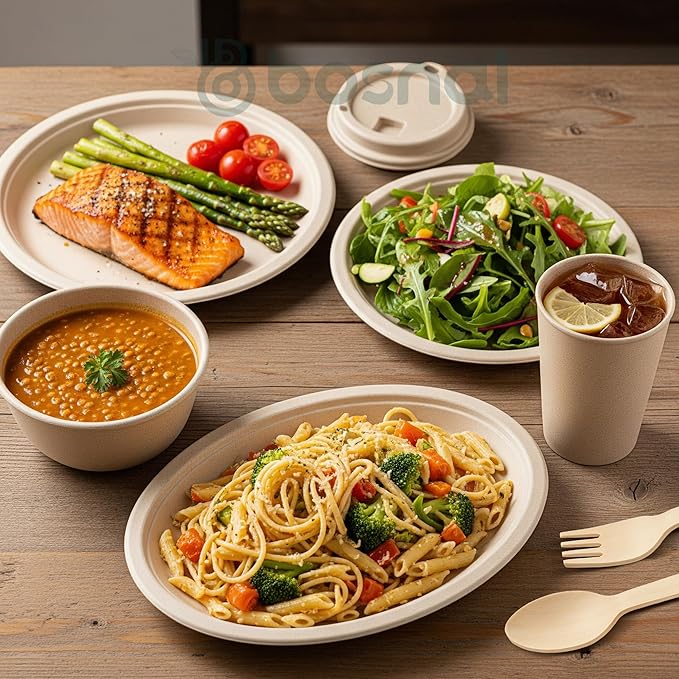 BOSNAL 10 inch &amp 7 inch Round Plates 10 inch Oval Plates 32 oz Bowls &amp 8 oz Cups with Lidss &amp Cutlery – 100% Plant-Based Bagasse Eco-Friendly Compostable Microwave Safe Durable Dinne