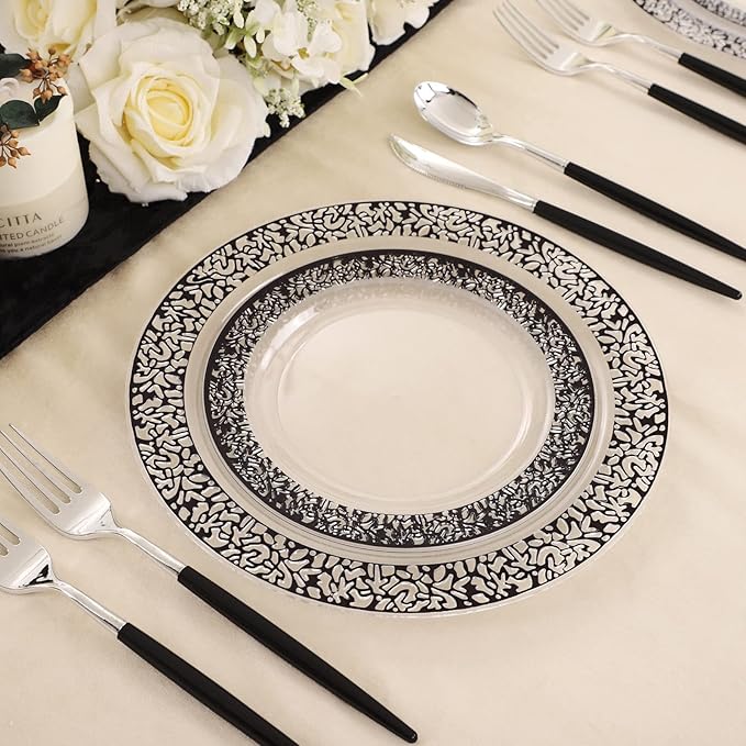 U-QE 100pcs Clear and Black Plastic Plates - Black Plates Disposable for Party - Disposable Plates for Premium Party Supplies Including 50 Dinner Plate 10.25 '' &amp50 Dessert 7.5 '' Plate