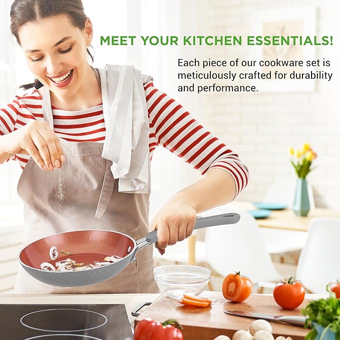 NutriChef 11 Pc Nonstick Cookware - PTFE/PFOA/PFOS Free Kitchenware Pots &amp Pans Set with Saucepan Frying Pans Cooking Pots Lids Utensils Gray