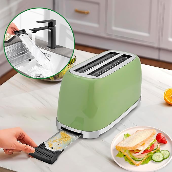 SUSTEAS Toaster 4 Slice Wide Slot Stainless Steel Bread Bagel Toasters Retro Long Slot Tostadora for Defrost Reheat Removable Crumb Tray 1500W 6 Browning Settings Green