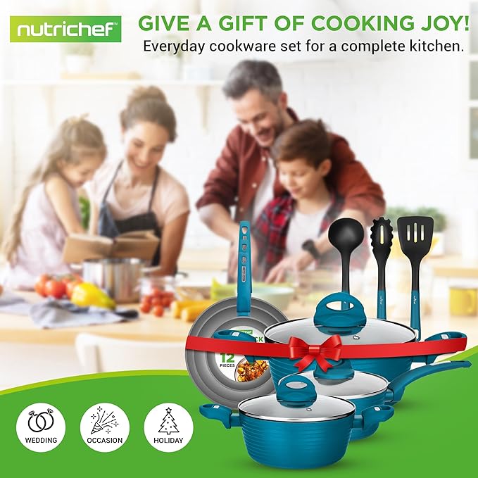 NutriChef 12-Piece Nonstick Kitchen Cookware Set - Easy to Clean Fireproof Lacquer - Saucepot Cooking Pots Fry Pans Utensils Tempered Glass Lids - Light Gray/Green Induction Ready